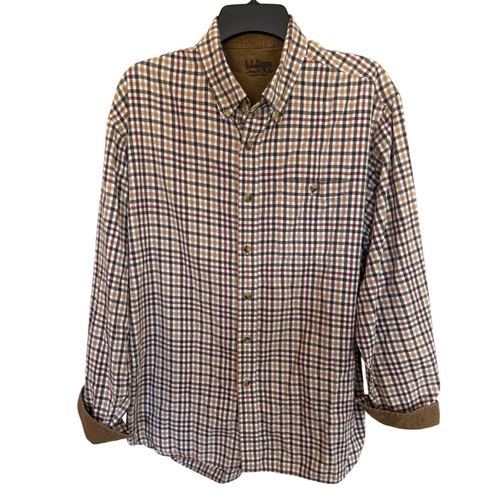 L.L. Bean Town & Field Men's Brown Tan Gingham Shirt Corduroy Trim Size Large